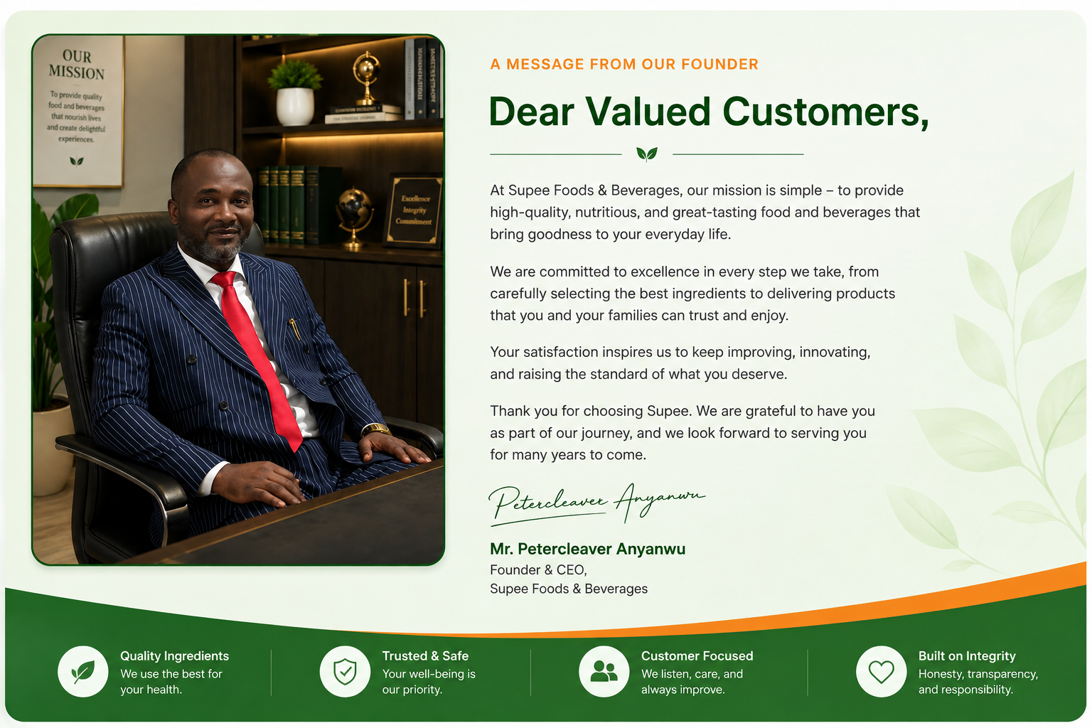 Message from Mr. Petercleaver Anyanwu, Founder and CEO of Supee Foods & Beverages
